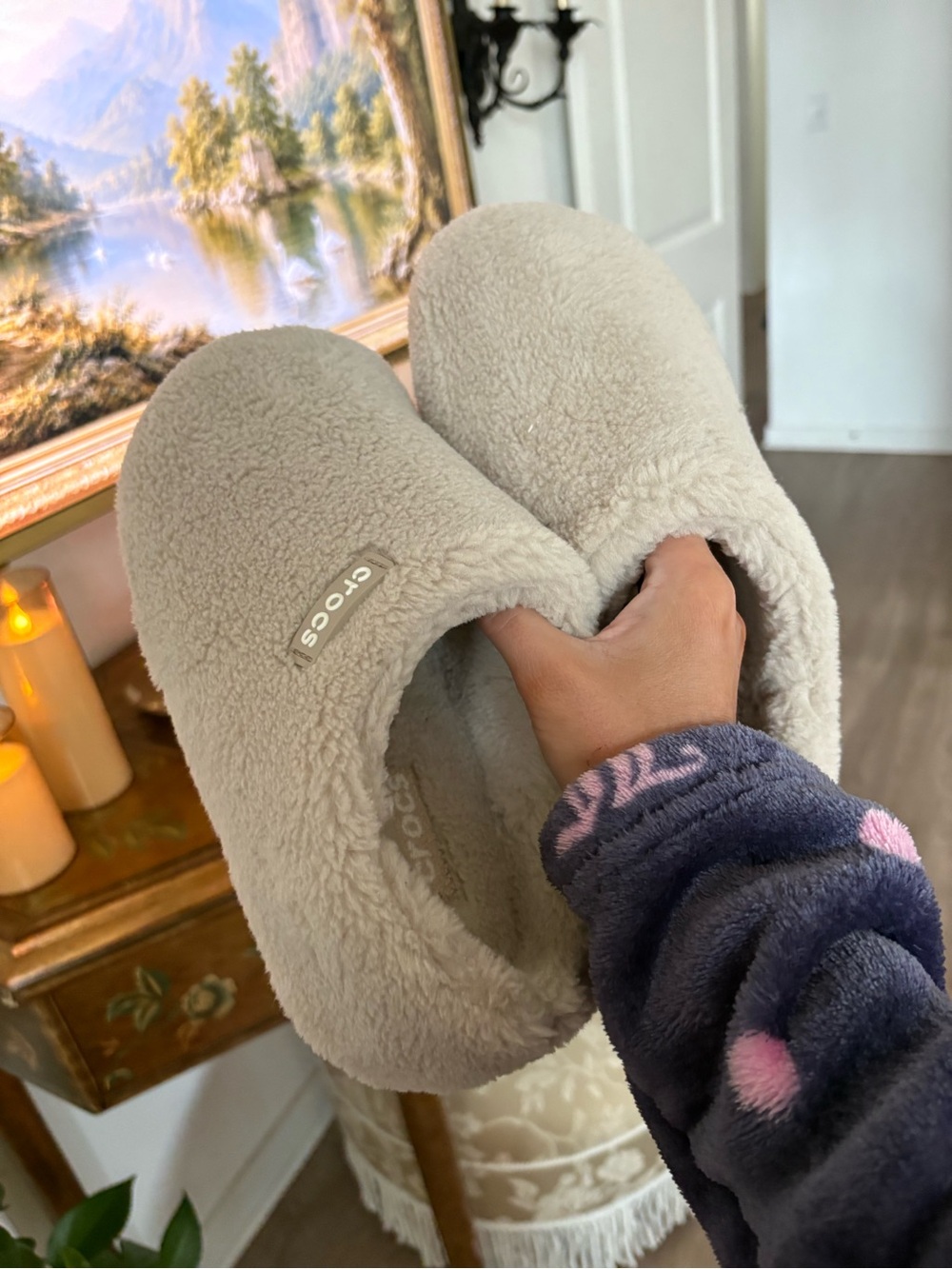 CROCS Plush Fuzz-Lined Slip-On Clogs in Cream